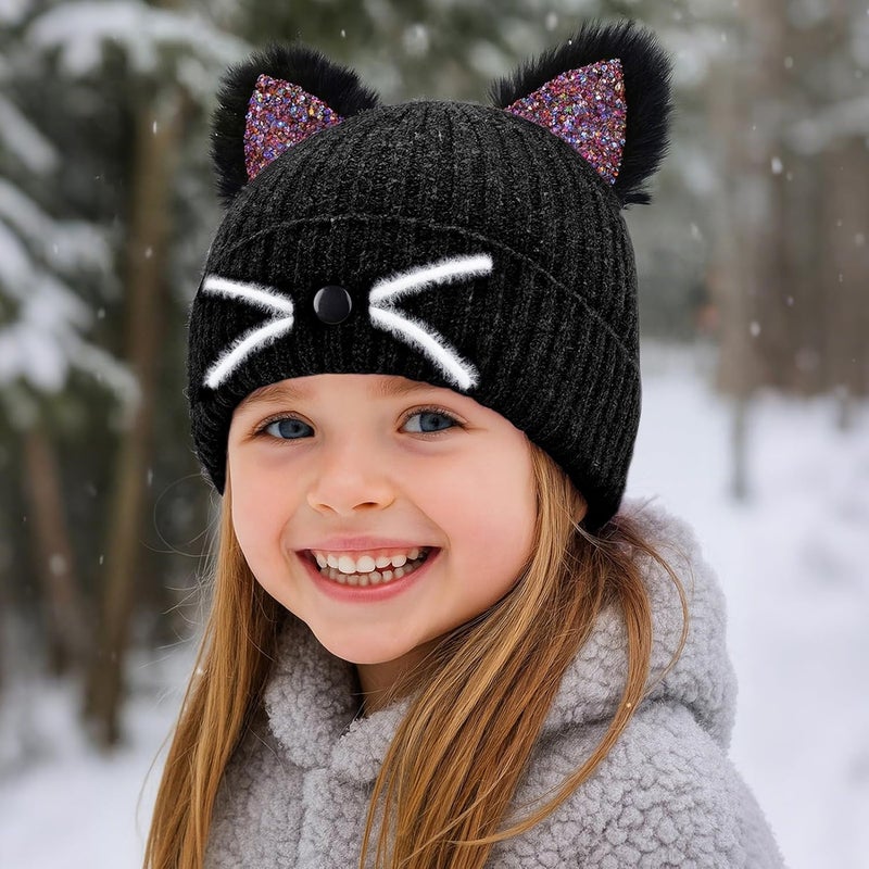 ACTLATI Little Girls Sequin Cat Ears Hats Cute Warm Knit Beanie Hat for Kids Winter Outdoor Snow Ski Skull Cap 3-8 Years - Image 3